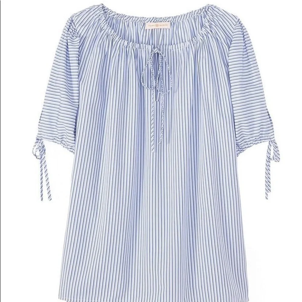 Tory Burch | Ariana Drawstring Top Womens S Small Blue Ombre Stripe Short Sleeve